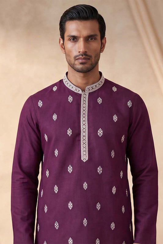 Ethnic Bay Silk Blend Purple Solid Embroidered Calf Length Straight Kurta MKU2272