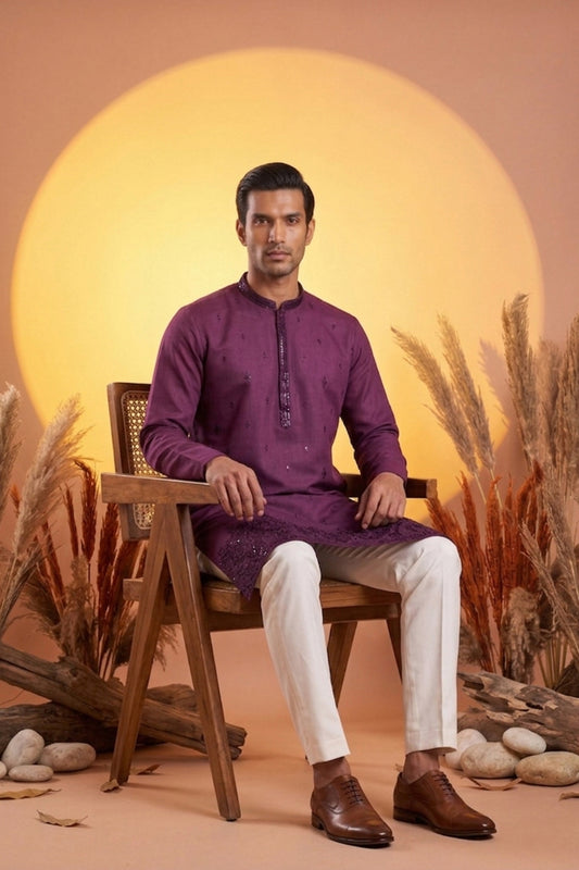 Ethnic Bay Men Purple Silk Blend Embroidered Straight Kurta Sets MKSET2288
