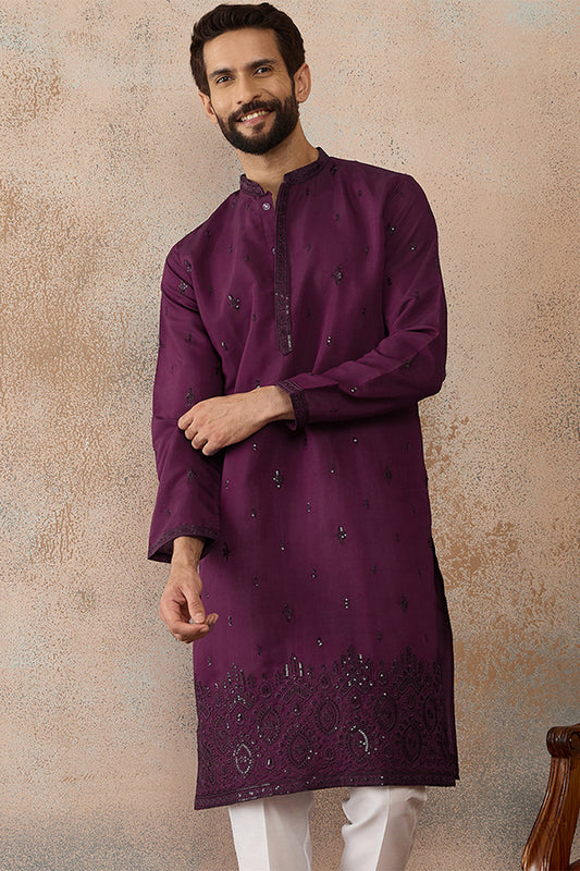 Ethnic Bay Men Purple Silk Blend Embroidered Straight Kurta Sets MKSET2288