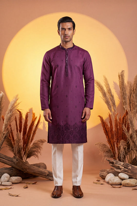 Ethnic Bay Men Purple Silk Blend Embroidered Straight Kurta Sets MKSET2288