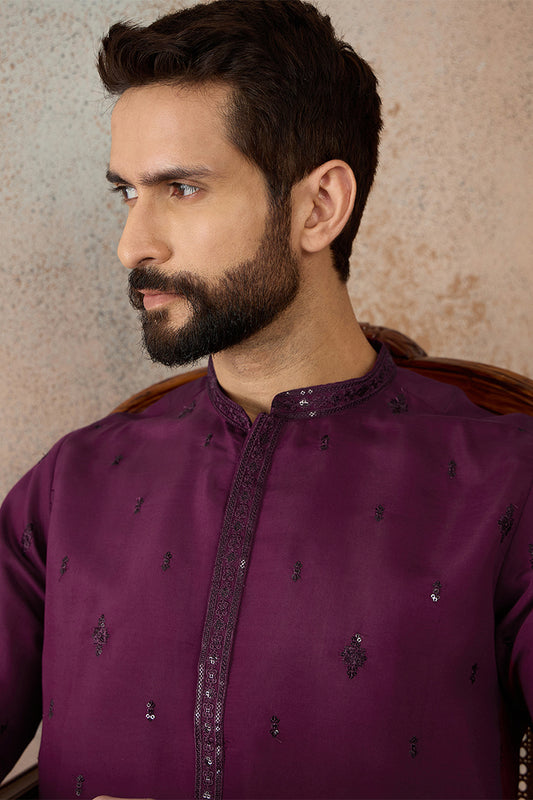 Ethnic Bay Men Purple Silk Blend Embroidered Straight Kurta Sets MKSET2288