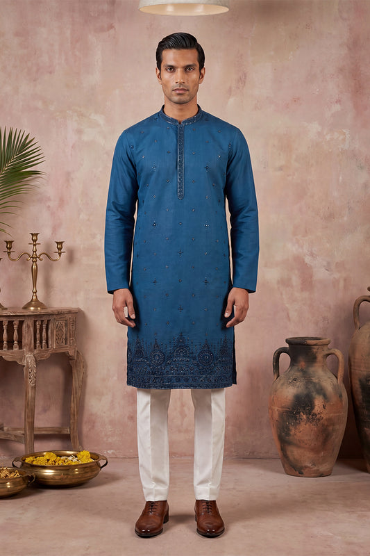 Ethnic Bay Men Blue Silk Blend Embroidered Straight Kurta MKU2290