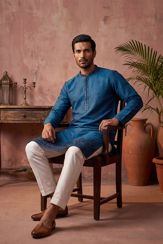 Ethnic Bay Men Blue Silk Blend Embroidered Straight Kurta MKU2290