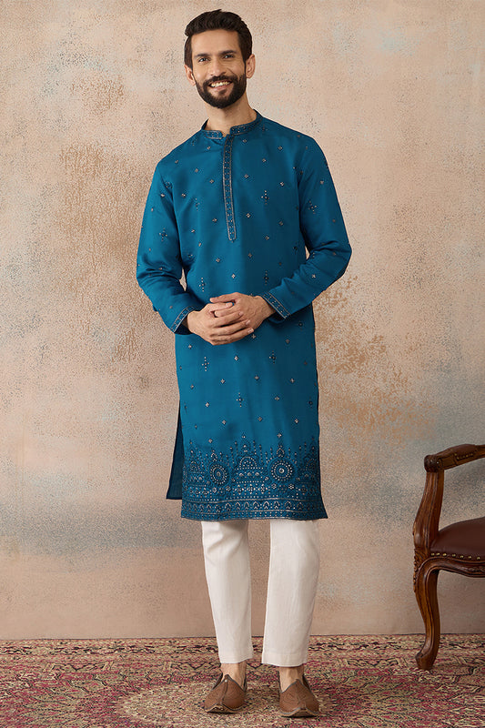 Ethnic Bay Men Blue Silk Blend Embroidered Straight Kurta MKU2290