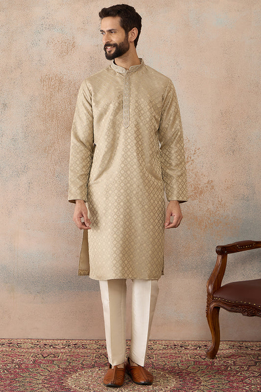 Ethnic Bay Mens Olive Jacquard Ethnic Motifs Embroidered Kurta MKU2322