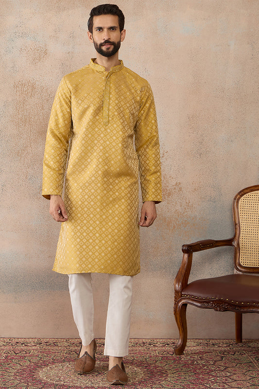 Ethnic Bay Mens Yellow Jacquard Ethnic Motifs Embroidered Kurta With Trouser MKSET2327