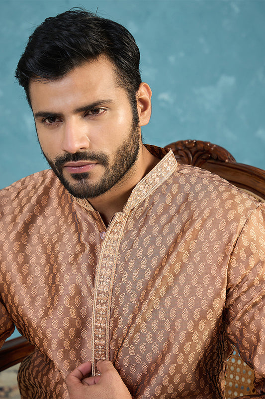 Ethnic Bay Mens Brown Jacquard Woven Design Straight Kurta MKU2343