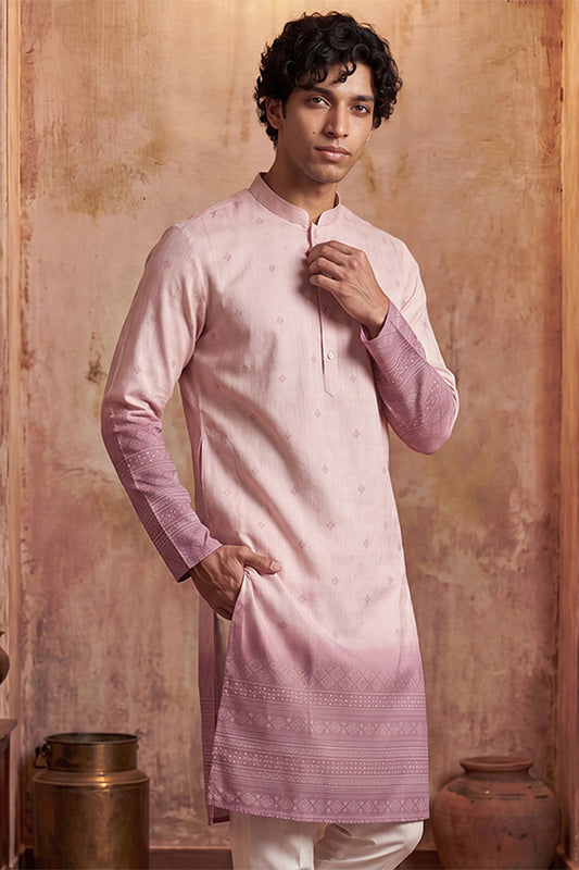 Ethnic Bay Mens Pink Silk Blend Woven Design Calf Length Straight Regular Kurta With Trouser MKSET2347