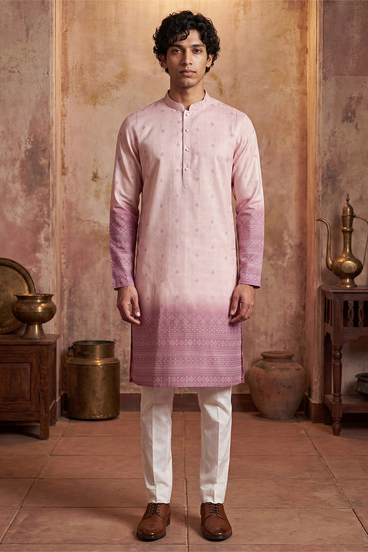 Ethnic Bay Mens Pink Silk Blend Woven Design Calf Length Straight Regular Kurta With Trouser MKSET2347