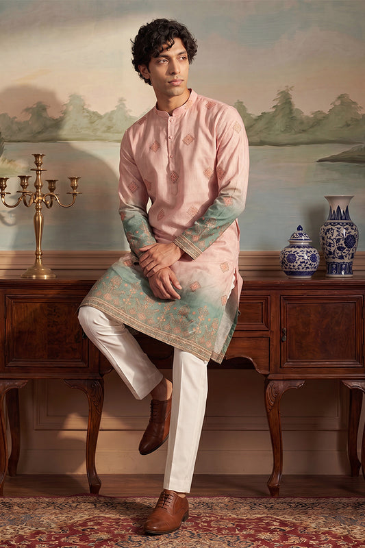 Ethnic Bay Mens Peach Silk Blend Woven Design Calf Length Straight Regular Kurta MKU2348