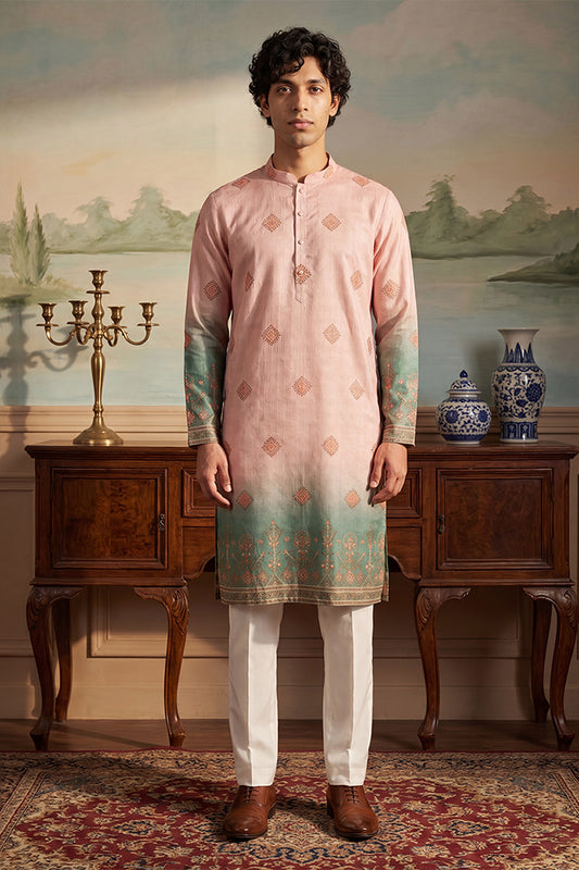 Ethnic Bay Mens Peach Silk Blend Woven Design Calf Length Straight Regular Kurta MKU2348