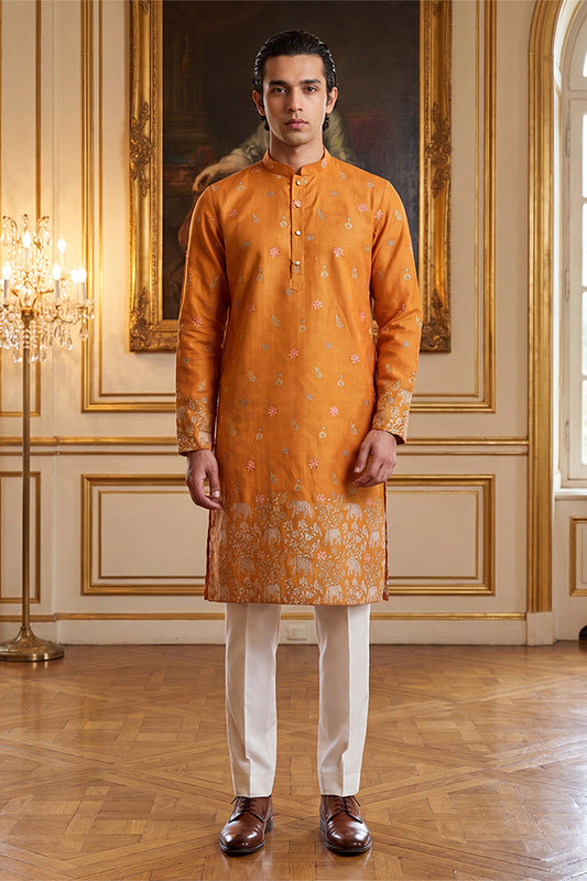Ethnic Bay Mens Orange Silk Blend Woven Design Calf Length Straight Regular Kurta With Trouser MKSET2349