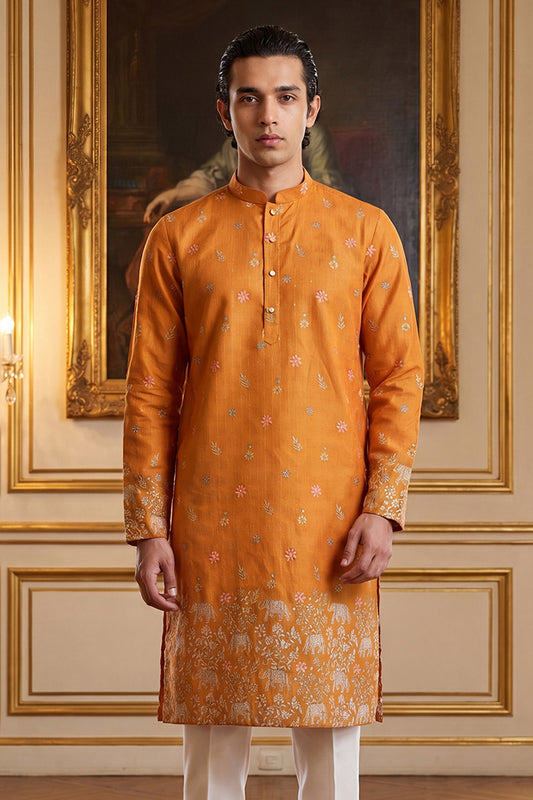 Ethnic Bay Mens Orange Silk Blend Woven Design Calf Length Straight Regular Kurta MKU2349