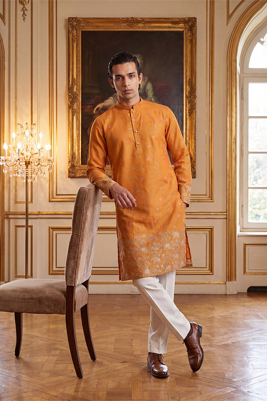 Ethnic Bay Mens Orange Silk Blend Woven Design Calf Length Straight Regular Kurta With Trouser MKSET2349