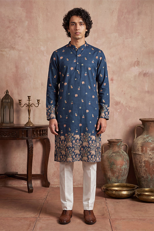 Ethnic Bay Mens Blue Silk Blend Woven Design Calf Length Straight Regular Kurta With Trouser MKSET2356