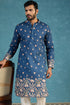 Ethnic Bay Mens Blue Silk Blend Woven Design Calf Length Straight Regular Kurta With Trouser MKSET2356