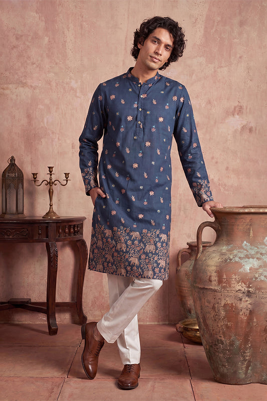 Ethnic Bay Mens Blue Silk Blend Woven Design Calf Length Straight Regular Kurta MKU2356