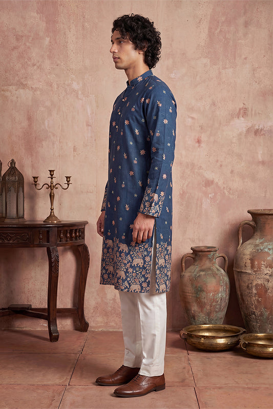 Ethnic Bay Mens Blue Silk Blend Woven Design Calf Length Straight Regular Kurta With Trouser MKSET2356