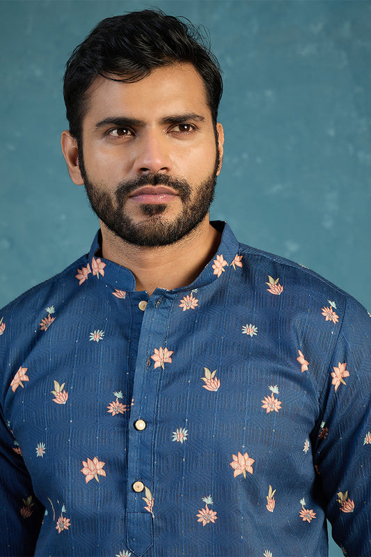 Ethnic Bay Mens Blue Silk Blend Woven Design Calf Length Straight Regular Kurta MKU2356