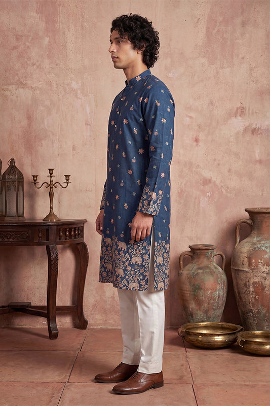 Ethnic Bay Mens Blue Silk Blend Woven Design Calf Length Straight Regular Kurta MKU2356