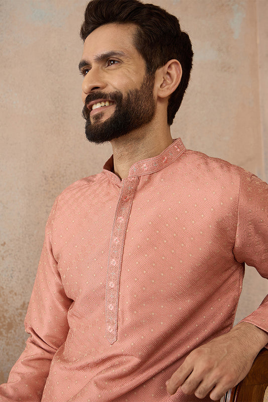 Ethnic Bay Men Peach Silk Blend Embroidered Mandarin Collar Straight Kurta MKU2363