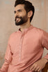 Ethnic Bay Men Peach Silk Blend Embroidered Mandarin Collar Straight Kurta MKU2363