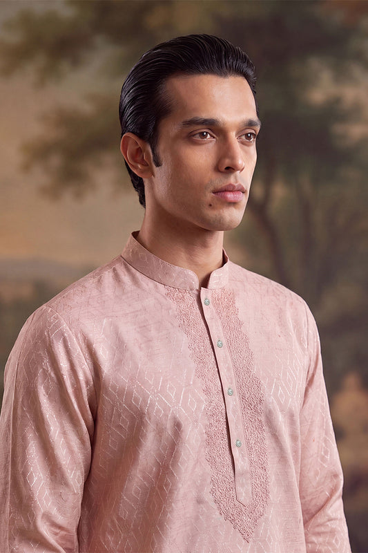 Ethnic Bay Mens Peach Linen Geometric Embroidered Kurta MKU2366