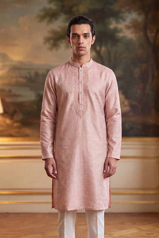 Ethnic Bay Mens Peach Linen Geometric Embroidered Kurta MKU2366