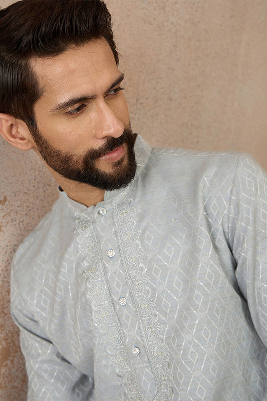 Ethnic Bay Mens Blue Linen Self Design Embroidered Kurta MKU2367