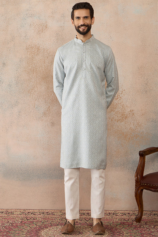 Ethnic Bay Mens Blue Linen Self Design Embroidered Kurta MKU2367
