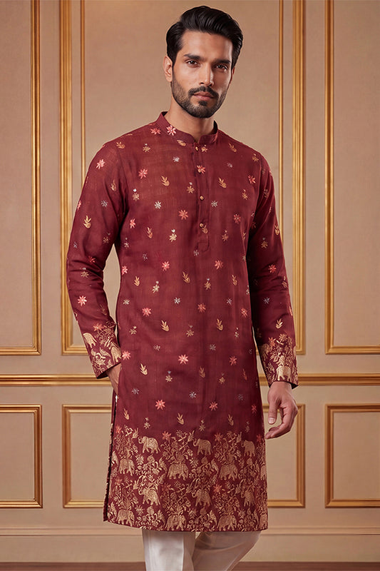 Ethnic Bay Mens Maroon Silk Blend Woven Design Calf Length Straight Regular Kurta With Trouser MKSET2368
