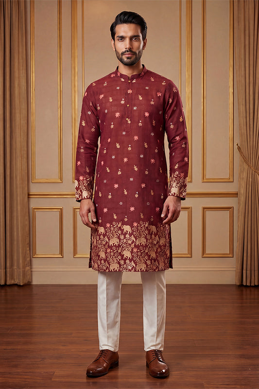 Ethnic Bay Mens Maroon Silk Blend Woven Design Calf Length Straight Regular Kurta With Trouser MKSET2368