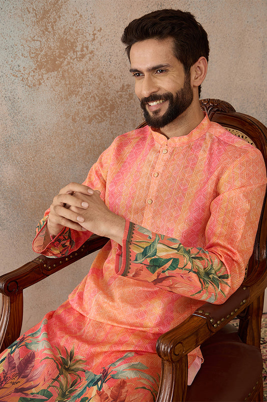 Ethnic Bay Men Orange Silk Blend Ethnic Motifs Printed Straight Kurta MKU2369