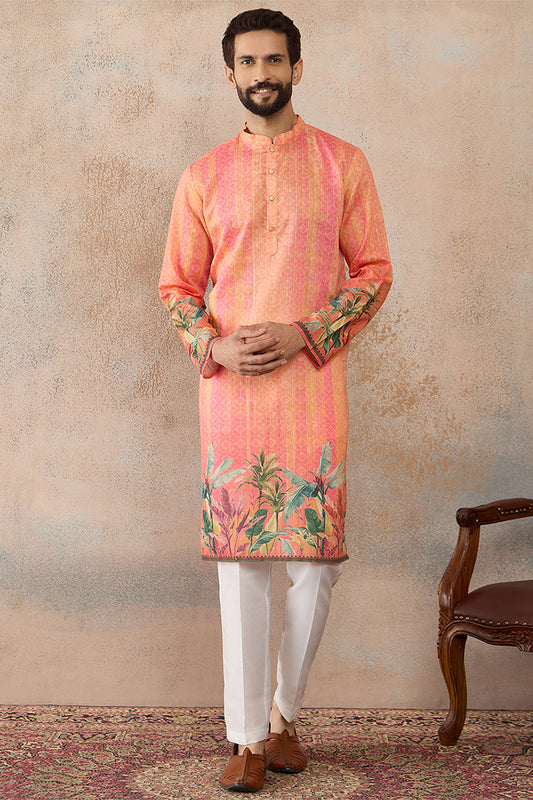 Ethnic Bay Men Orange Silk Blend Ethnic Motifs Printed Straight Kurta MKU2369