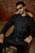 Ethnic Bay Mens Black Silk Blend Solid Embroidered Kurta With Trouser MKSET2382