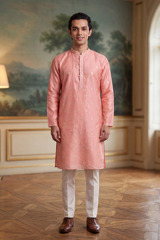 Ethnic Bay Mens Pink Jacquard Ethnic Motifs Woven Design Kurta With Trouser MKSET2394
