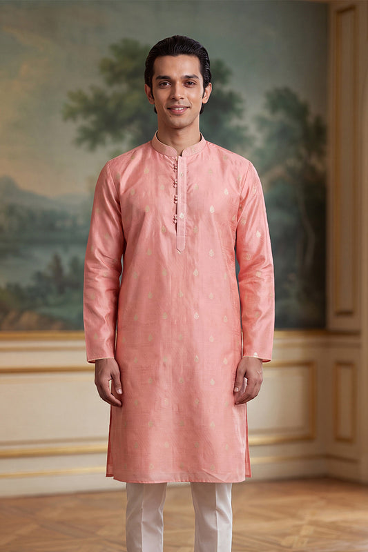 Ethnic Bay Mens Pink Jacquard Ethnic Motifs Woven Design Kurta With Trouser MKSET2394