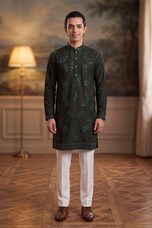 Ethnic Bay Mens Green Silk Blend Solid Embroidered Kurta MKU2424