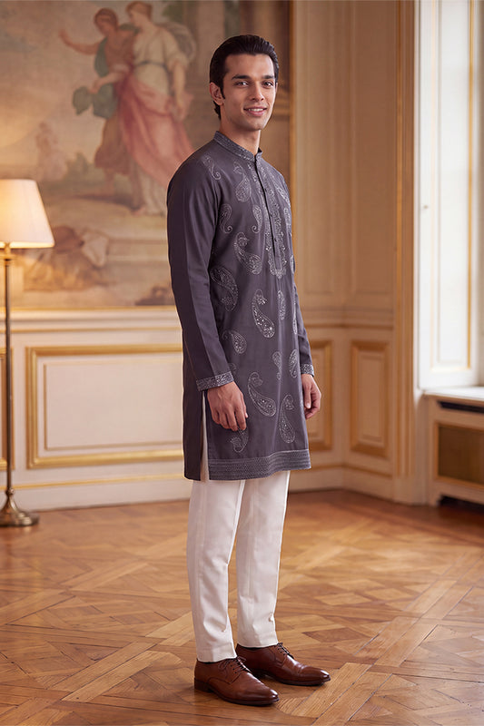 Ethnic Bay Mens Grey Silk Blend Solid Embroidered Kurta MKU2425
