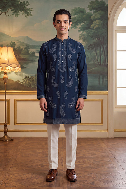 Ethnic Bay Mens Teal Silk Blend Solid Embroidered Kurta With Trouser MKSET2426