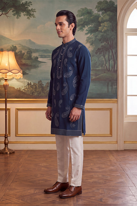 Ethnic Bay Mens Teal Silk Blend Solid Embroidered Kurta MKU2426