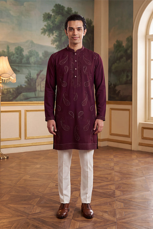 Ethnic Bay Mens Wine Silk Blend Solid Embroidered Kurta MKU2427