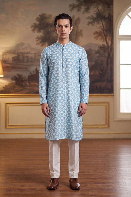 Ethnic Bay Mens Blue Linen Ikkat Print Regular Kurta With Trouser MKSET2428