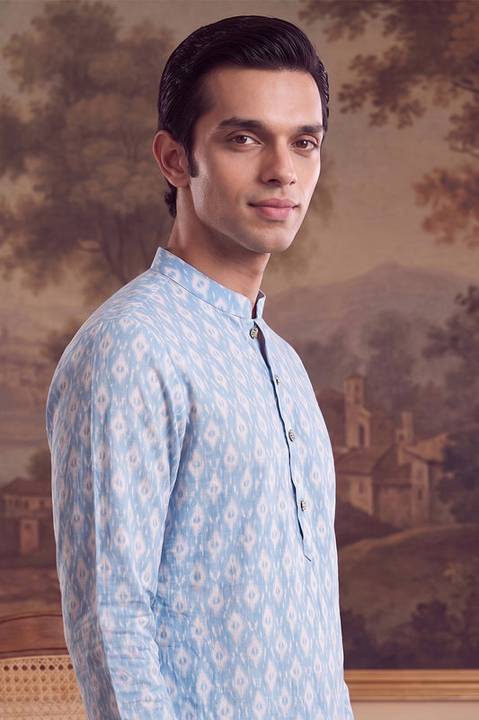 Ethnic Bay Mens Blue Linen Ikkat Print Regular Kurta MKU2428