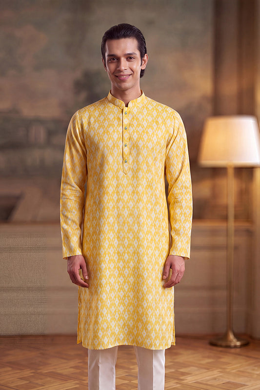 Ethnic Bay Mens Yellow Linen Ikkat Print Regular Kurta With Trouser MKSET2429