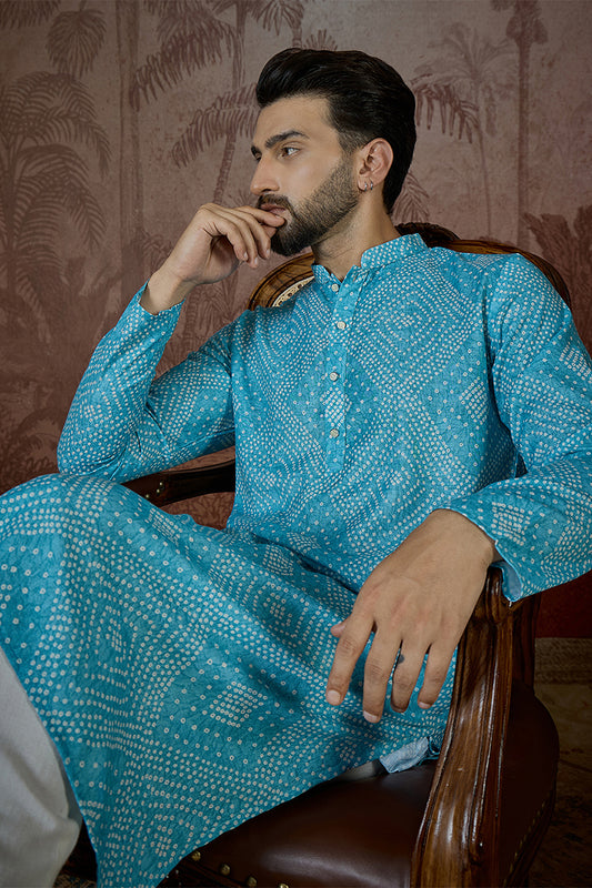Ethnic Bay Mens Blue Linen Bandhani Print Regular Kurta With Trouser MKSET2430