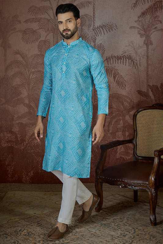 Ethnic Bay Mens Blue Linen Bandhani Print Regular Kurta With Trouser MKSET2430