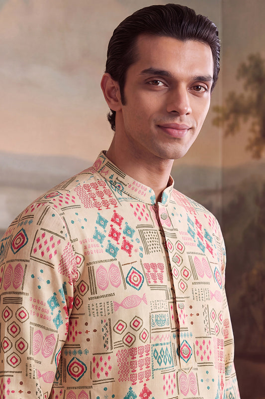 Ethnic Bay Mens Cream Linen Geometric Print Regular Kurta With Trouser MKSET2431