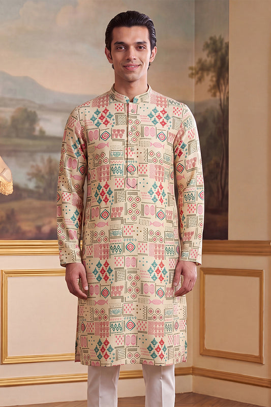 Ethnic Bay Mens Cream Linen Geometric Print Regular Kurta With Trouser MKSET2431