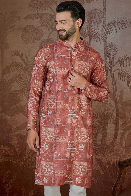 Ethnic Bay Mens Silk Blend Pink Abstract Printed Kurta MKU2432